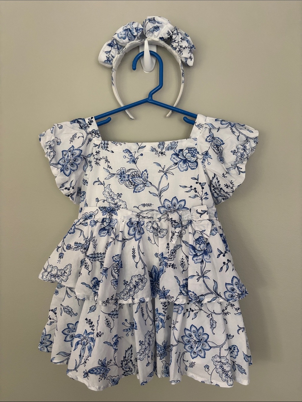 Janie and Jack White and Blue Floral Tiered Dress with Matching Headband